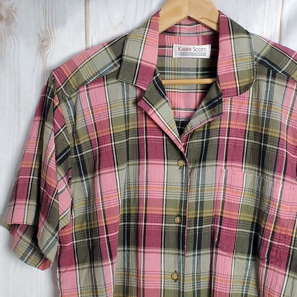 Vintage Karen Scott Blouse Womens Size Large Pink Plaid Button Up Cottage Preppy - Picture 3 of 8